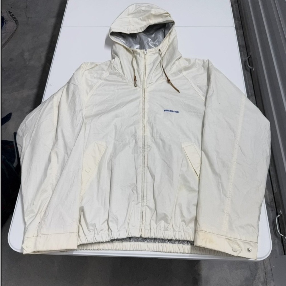 Vintage Polo Ralph Lauren Mens Windbreaker Jacket Cream White Hooded Full‎ Zip L